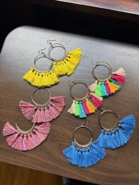 Colorful Tassel Hoop Earrings (set of 4) - Yellow, Pink, Multicolor, Blue